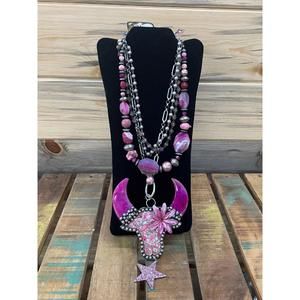 Vibrant Pink and Silver Necklace with Star Pendant